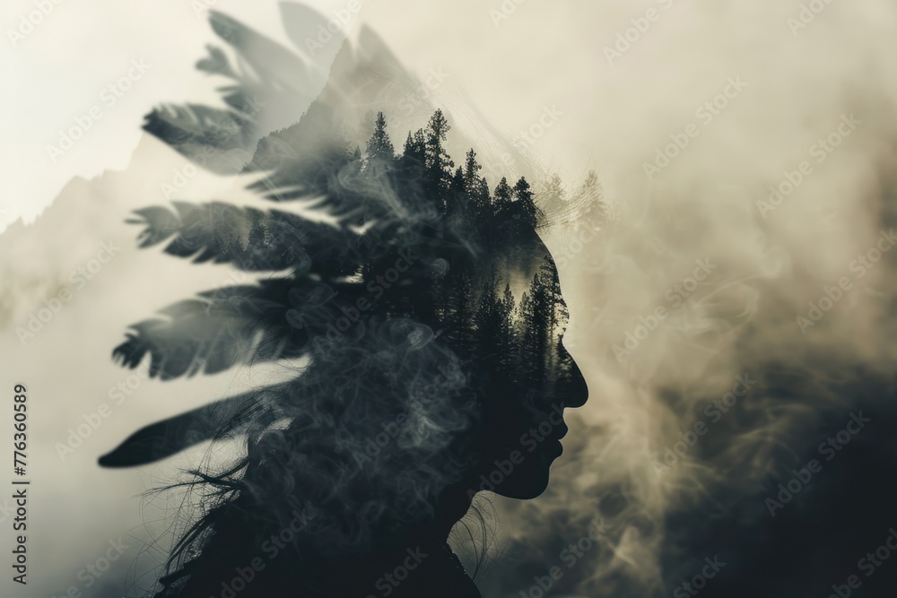 Native american silhouette, head mountains - obrazy, fototapety, plakaty 