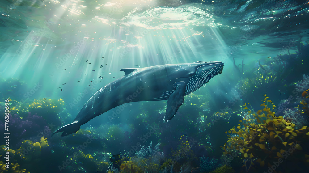Fototapeta premium Graceful blue whale gliding beneath the surface, surrounded by vibrant underwater flora, with sunlight filtering through the waves above