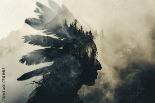 Native american silhouette, head mountains photo