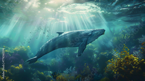 Graceful blue whale gliding beneath the surface, surrounded by vibrant underwater flora, with sunlight filtering through the waves above