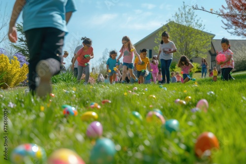 A group of children are enjoying a leisurely afternoon playing with Easter eggs in the grass, surrounded by trees and beautiful flowers under a clear blue sky AIG42E