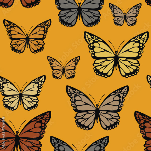 Seamless pattern with funny colorful Butterflies, flowers. Color flat vector illustration for invitation, poster, card, textile, fabric. Butterfly graphic design print. Trendy animal motif wallpaper © Alla