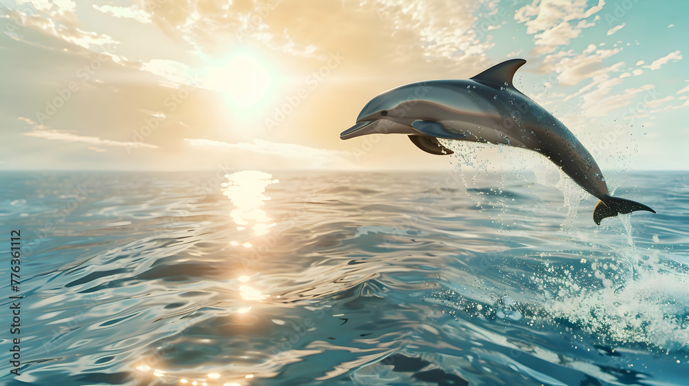 Graceful dolphin leaping from crystal-clear waters against a sunlit horizon, with tranquil seascape in the backdrop Graceful dolphin leaping from crystal-clear waters against a sunlit horizon, with tranquil seascape in the backdrop