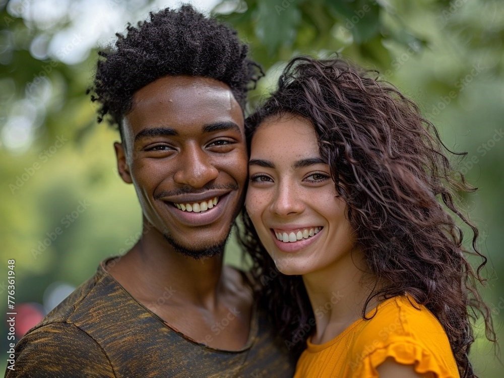 Stunning high resolution photos of a happy multiracial couple, he and she, at the beginning of a love story.