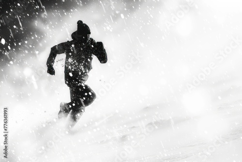 silhouette of a person running in snow, a fictional person