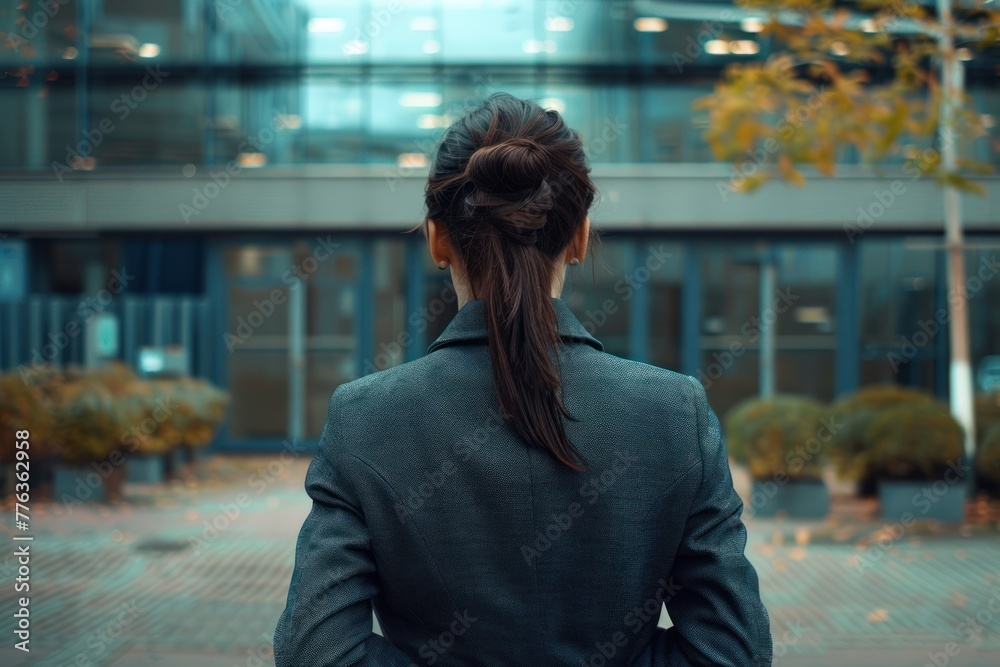 Fototapeta premium Woman in suit searching for job standing near office centre