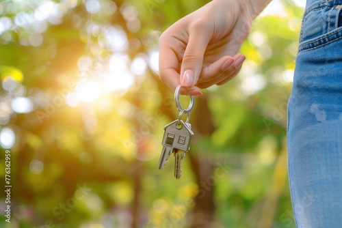 Woman holding keys with house shaped keychain on nature blure background