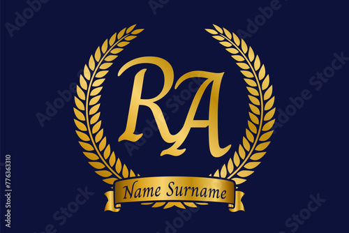 Initial letter R and A, RA monogram logo design with laurel wreath. Luxury golden calligraphy font.