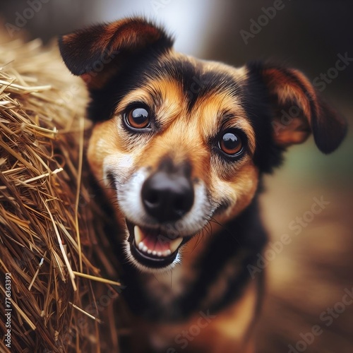 chien vu de proche , il regarde curieusement la camera, dans la campagne se cachant un peux derrière de la paille, flou à l arrière , qualité HD photo