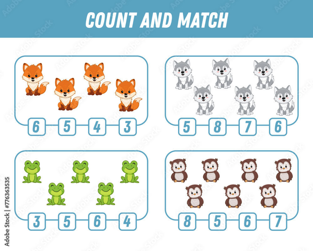Education game for children count and match of cute cartoon animals, printable worksheet. Funny fox, wolf, frog, owl. Vector Education game for children count and match of cute cartoon animals, printable worksheet. Funny fox, wolf, frog, owl. Vector