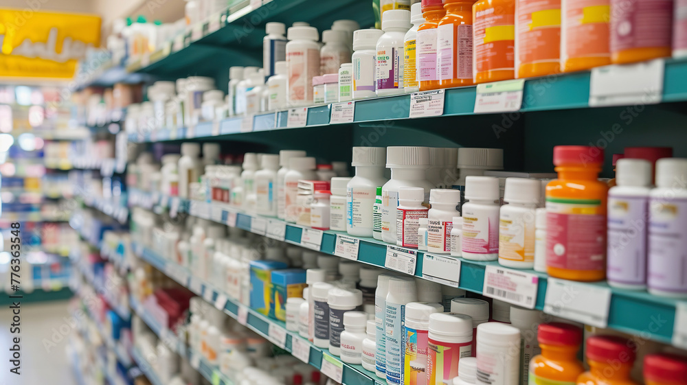 Pharmacy shelves neatly arranged with various medications