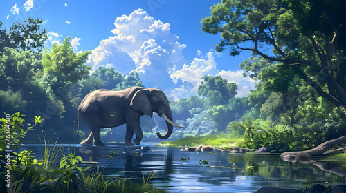 Lone elephant leisurely strolling along the banks of a serene river, framed by lush greenery and a clear blue sky