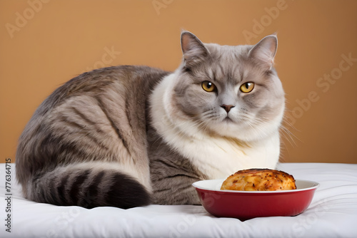 fat cat with a meat cutlet  unhealthy diet concept