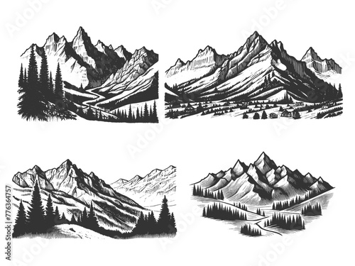 set of engraved various mountain landscapes with majestic peaks and evergreen forests sketch engraving generative ai vector illustration. Scratch board imitation. Black and white image.