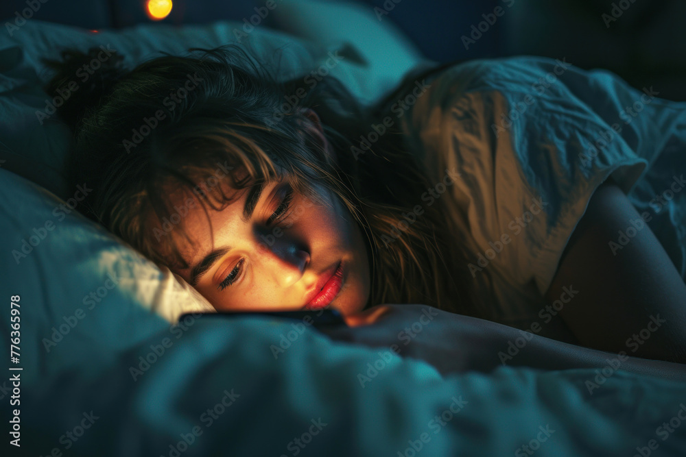 Depressed woman lying on bed using smartphone at late night Depressed woman lying on bed using smartphone at late night
