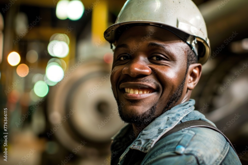 A confident smiling factory worker wearing a helmet, manufacturing plant A confident smiling factory worker wearing a helmet, manufacturing plant