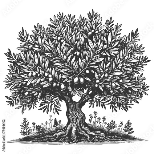 olive tree full of ripe olives, set in a serene landscape with intricate root system and foliage sketch engraving generative ai vector illustration. Scratch board imitation. Black and white image.