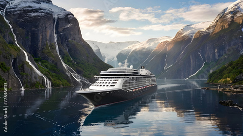 A sleek cruise ship navigating its way through a narrow fjord surrounded by towering cliffs and cascading waterfalls.