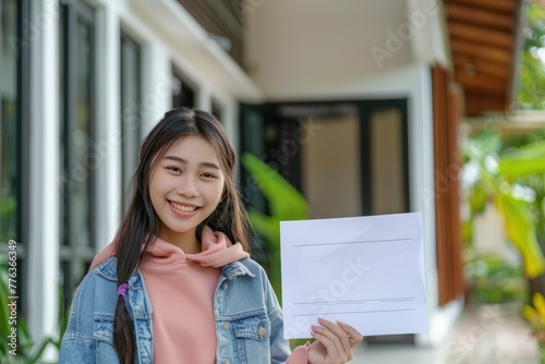 A happy teenager received an acceptance letter from a college with is blank mockup for add text