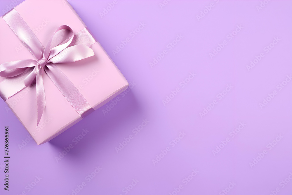 Pink gift box with bow on purple background. Top view with copy space