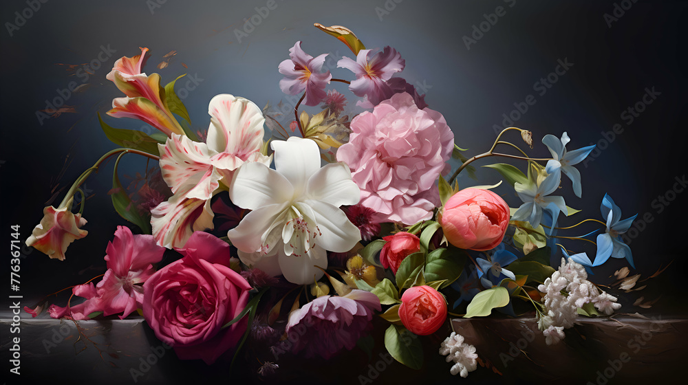 Colorful bouquet of flowers on a dark background. Studio photography.