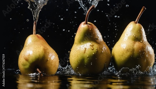Fresh pears plunging into water, creating dynamic splashes against a sleek black backdrop, a celebration of crisp sweetness