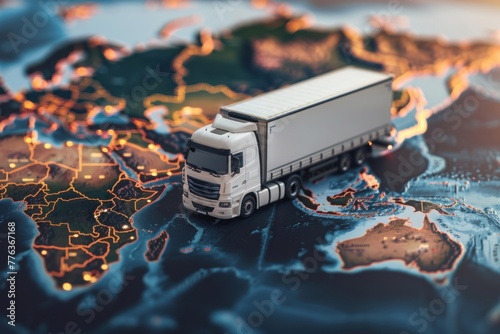 A white semi-truck on a map, symbolizing global logistics and transportation services