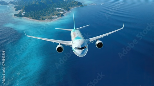 The plane flies over the blue surface of the sea or ocean. Travel and transport concept. Illustration for banner  poster  cover  brochure or presentation.