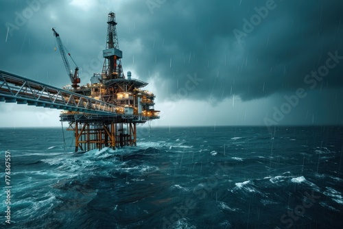 An offshore oil rig stands against a dramatic backdrop of dark, stormy sea skies, highlighting industrial © Anna