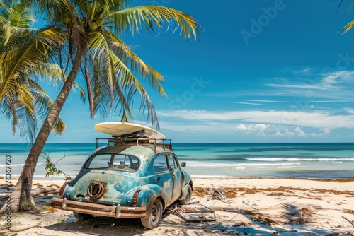 An old car parked on a tropical beach with a surfboard on the roof © Anna