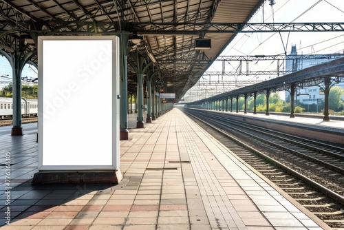 Blank white billboard on platform of railway station. Mock up photo