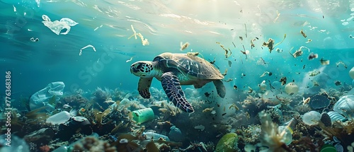 Sea turtle navigating through plastic pollution in ocean while mistaking debris for food. Concept Marine Pollution, Plastic Debris, Sea Turtle Conservation, Ocean Habitat, Impact of Waste © Ян Заболотний