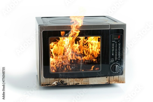 Burning microwave in the house due to a short circuit and damaged wiring Isolated on white background