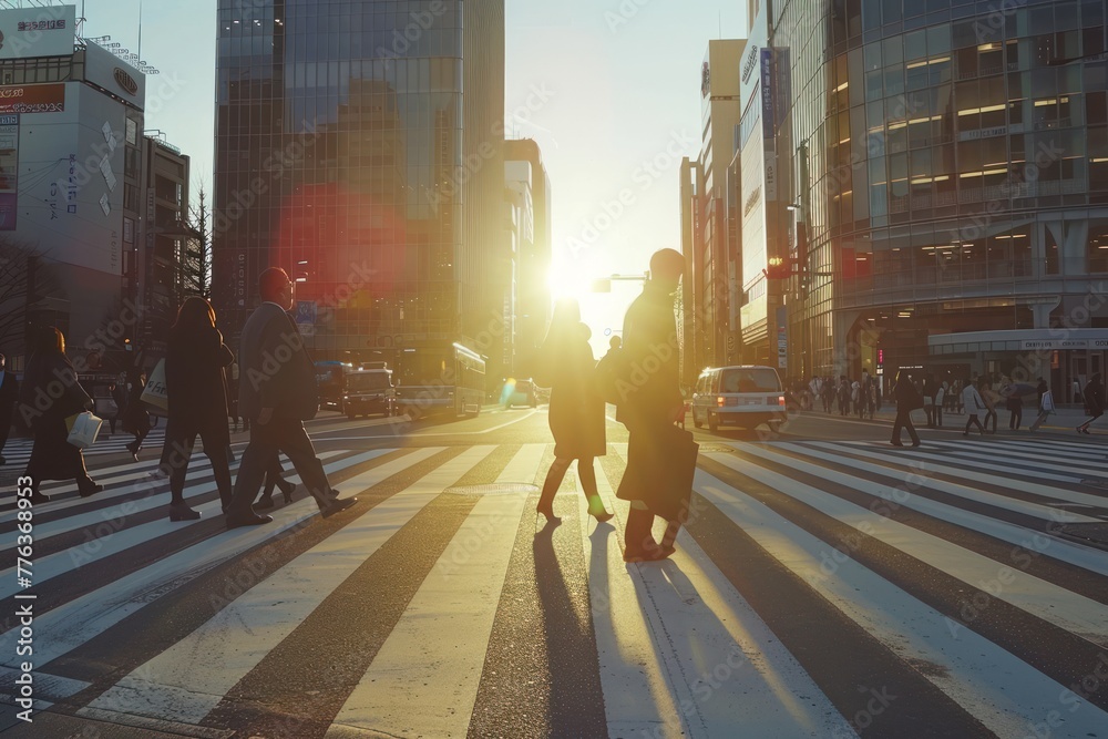 Business people on zebra crossing street, sunset time motion blured