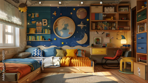odern children room, interior, home, room, clean, architecture, furniture, apartment, style, decor, 3d render, render, art, color, house, living, luxury, bedroom, bed, comfortable, wall, window photo