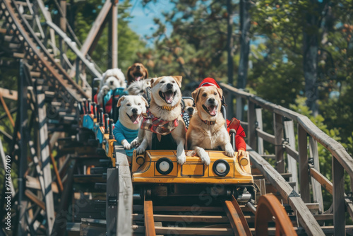 A joyful crew of dogs in various outfits riding a roller coaster through a lush park, ears flapping in the wind.