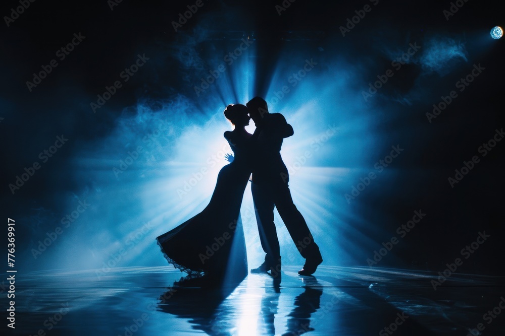 couple Dance tango in dance dark studio spot light on scene