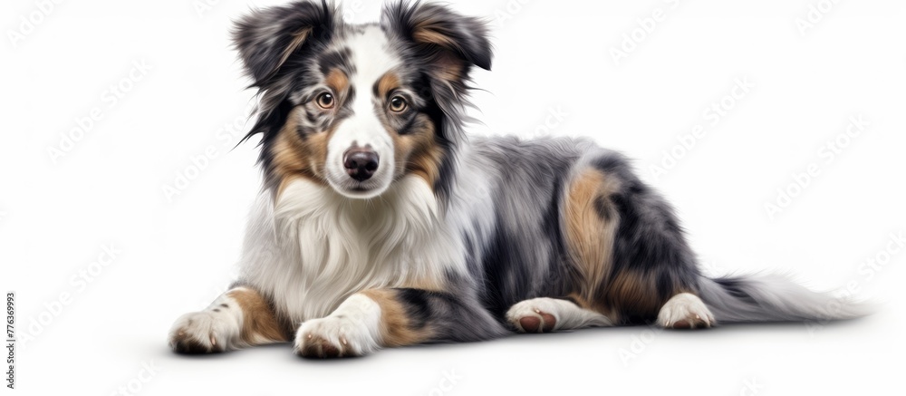 A brown dog with fluffy fur is comfortably lying down on a smooth, white surface with a plain white background
