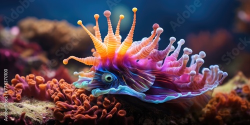 A close-up of a colorful sea animal. Generative AI. photo