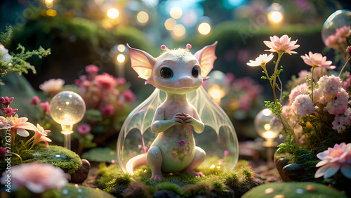 A cute dragon, its skin was so translucent that one could see its internal organs. In the glowing flower garden, a fantasy land