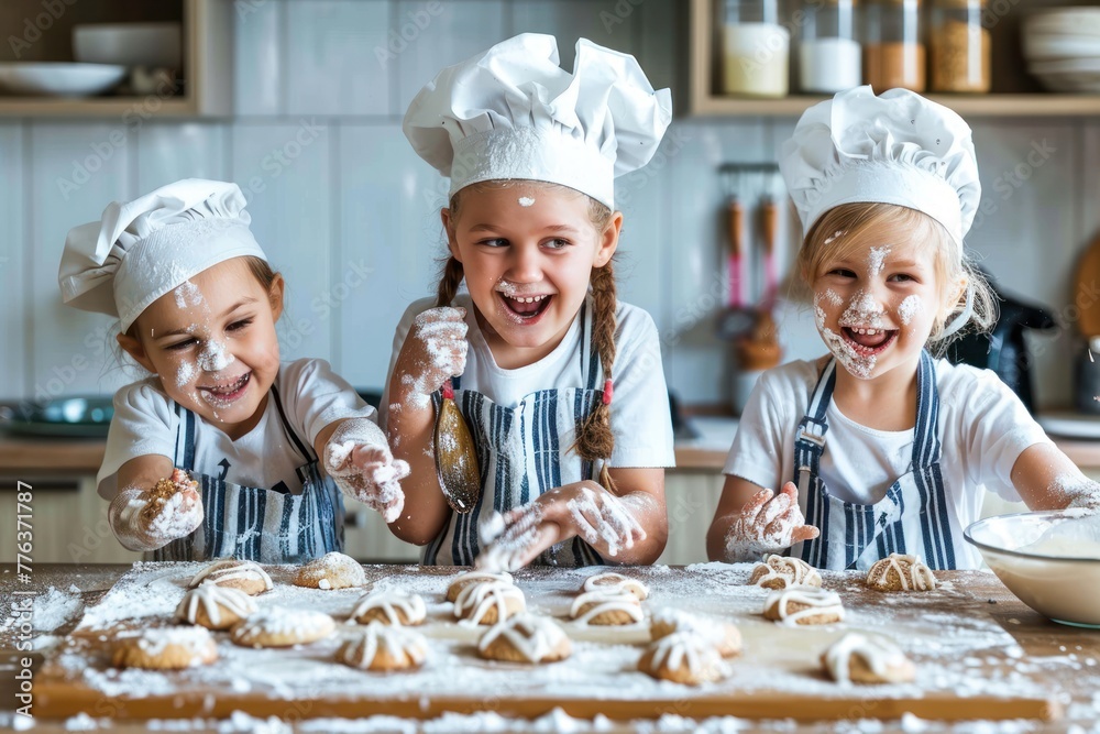 Happy kids baking delicious cookies white modern kitchen background