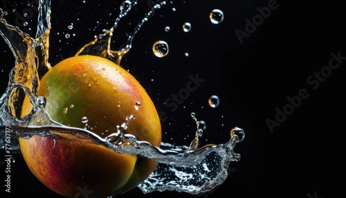 Ripe mango plunging into water, creating dynamic splashes against a black backdrop, a tropical burst of flavor in motion