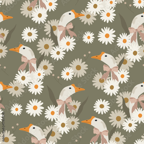 Geese seamless pattern with daisy flowers. Retro vector wallpaper. Vintage flat illustrations background 