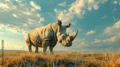 Majestic rhino standing proudly against a vast savanna backdrop  with ample copy space in the sky above