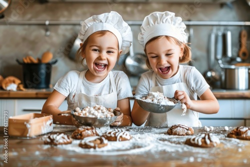 Happy kids baking delicious cookies white modern kitchen background