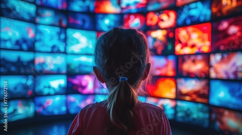 Child Watching Many Screens at Once Streaming Internet Video  Web Privacy and Security Concept  Digital Surrealism  Web3 Design Backdrop