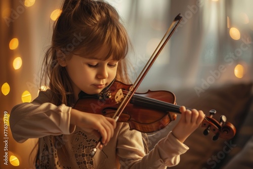 Little cute girl learning to play the violin