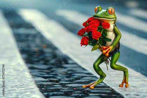 Funny frog crossing the road in spring mating season, holding red roses flower bouquet in hand, copy space on street crosswalk