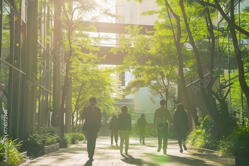 People walking in an office building with trees and sunlight motion blured © Anna