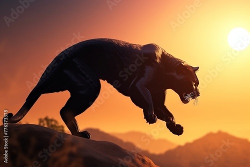 Panther on the hunt in a jump on the day of Africa against the backdrop of the rising sun. AI generated.